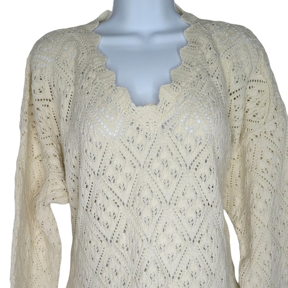 Vintage 80s Open Knit Pullover Sweater Oversized M Ivory Long Sleeve Cotton USA